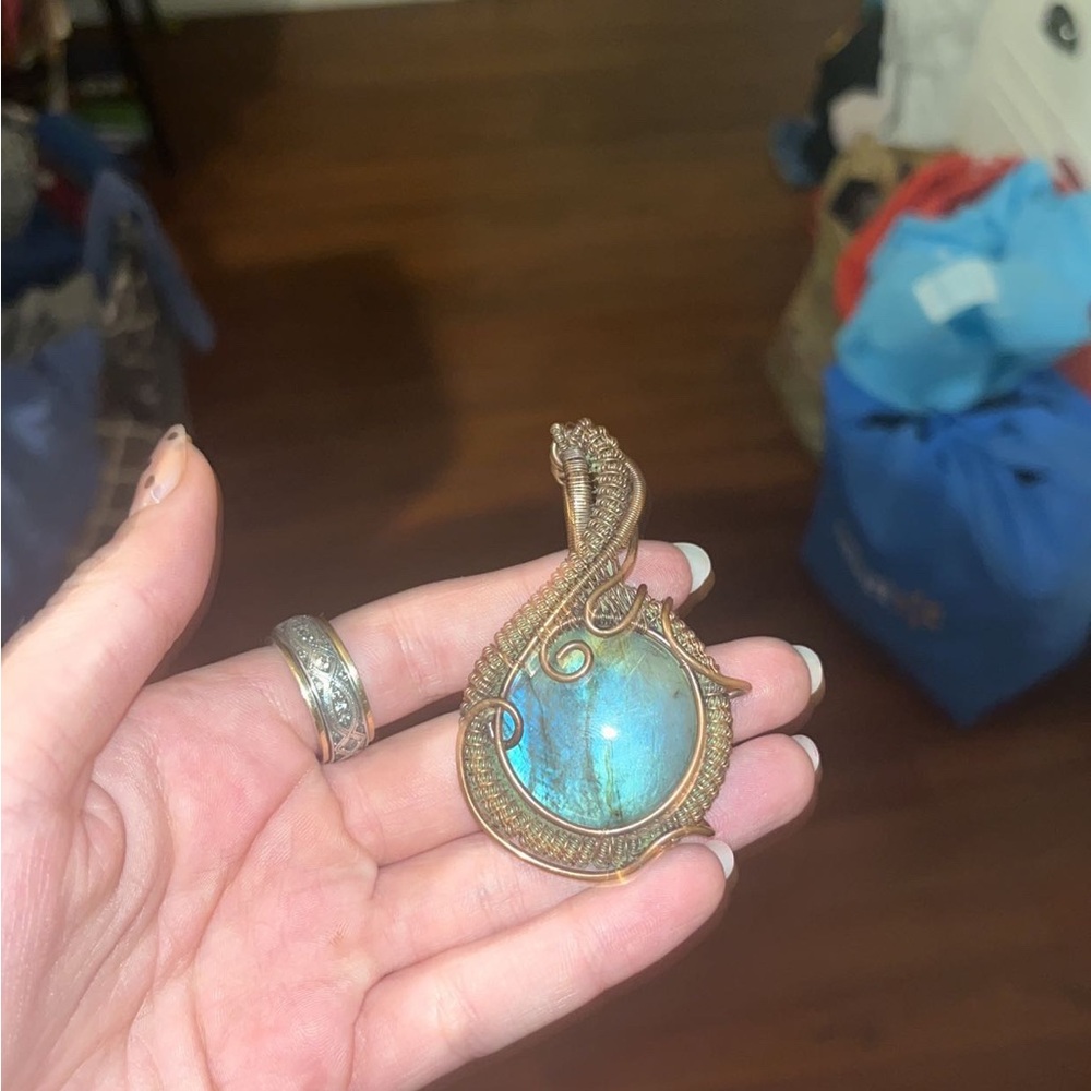 Handmade Copper Wire Wrapped Labradorite Pendant, Gemstone Necklace, Jewellery